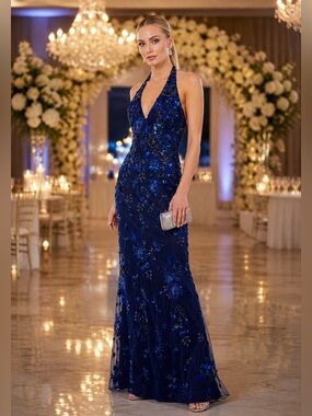 Mac Duggal FLORAL EMBELLISHED HALTER GOWN NWT style 5484